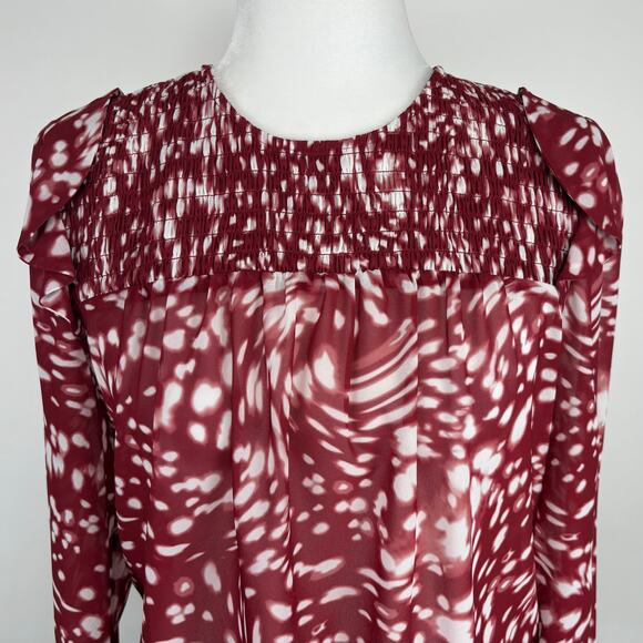 Maje Lipone Swirling Dot Blouse Size Small Chiffon Ruffle Smocked Career Artsy - Picture 3 of 16